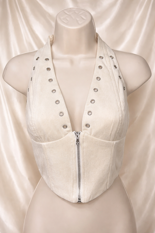 Front zipper suede halter corset top.