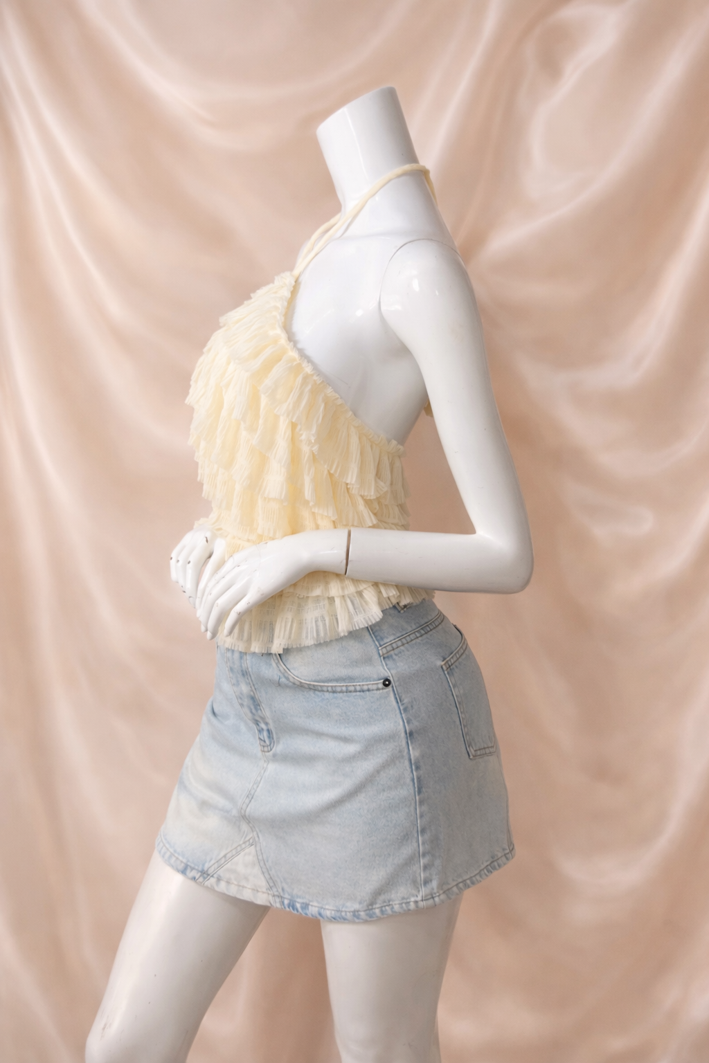 Halter neck ruffled textured mesh top