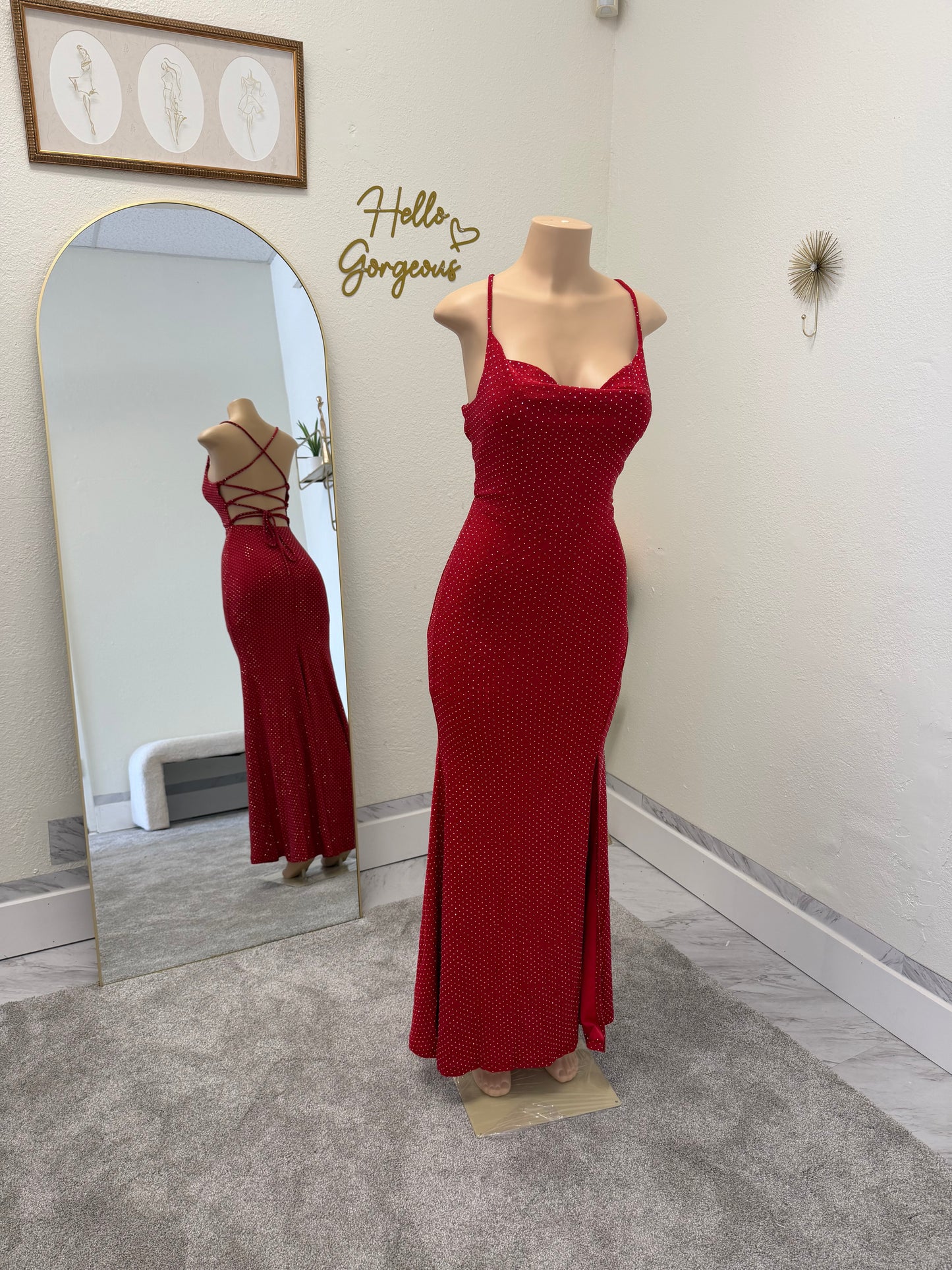 Long Red dress with Rhinestone