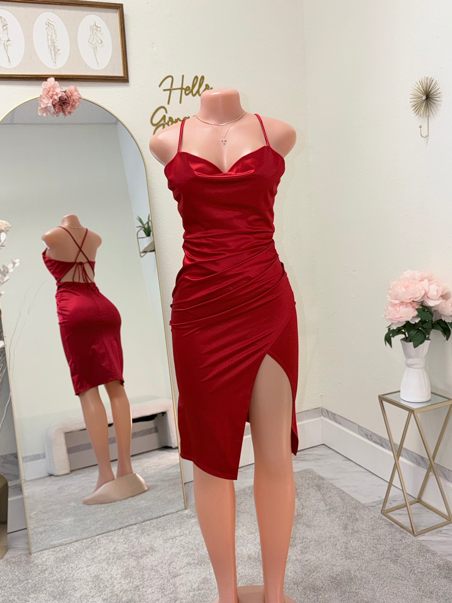 red satin dress