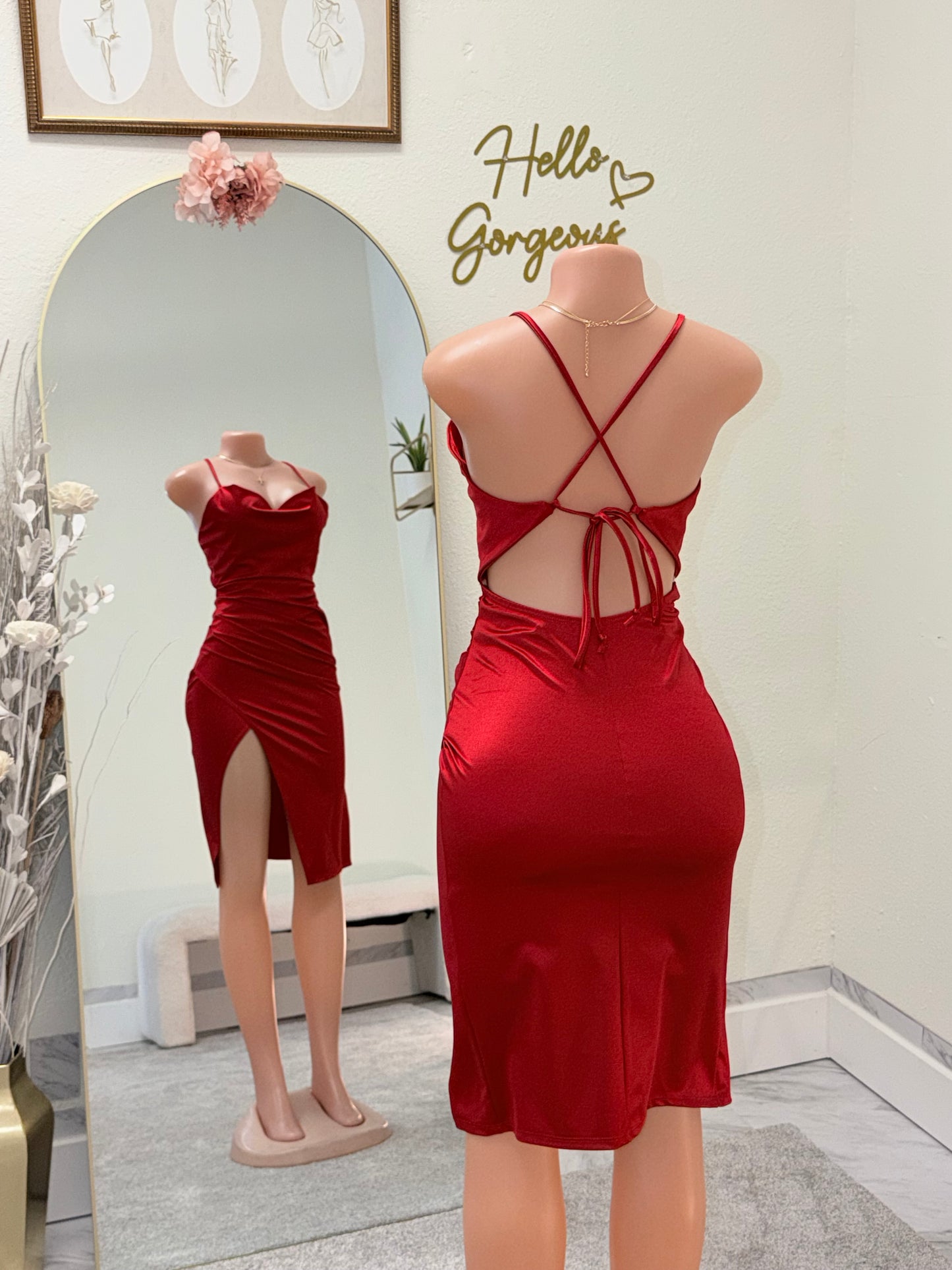 red satin dress